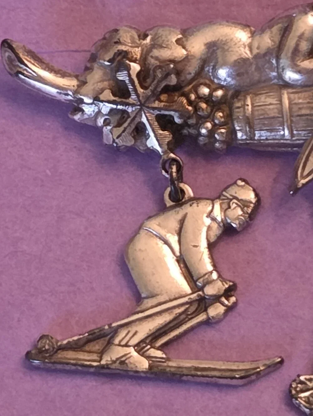 Vintage Kirks Folly Winter Skiing Cherub Silvertone Dangle Charm Brooch 1990s